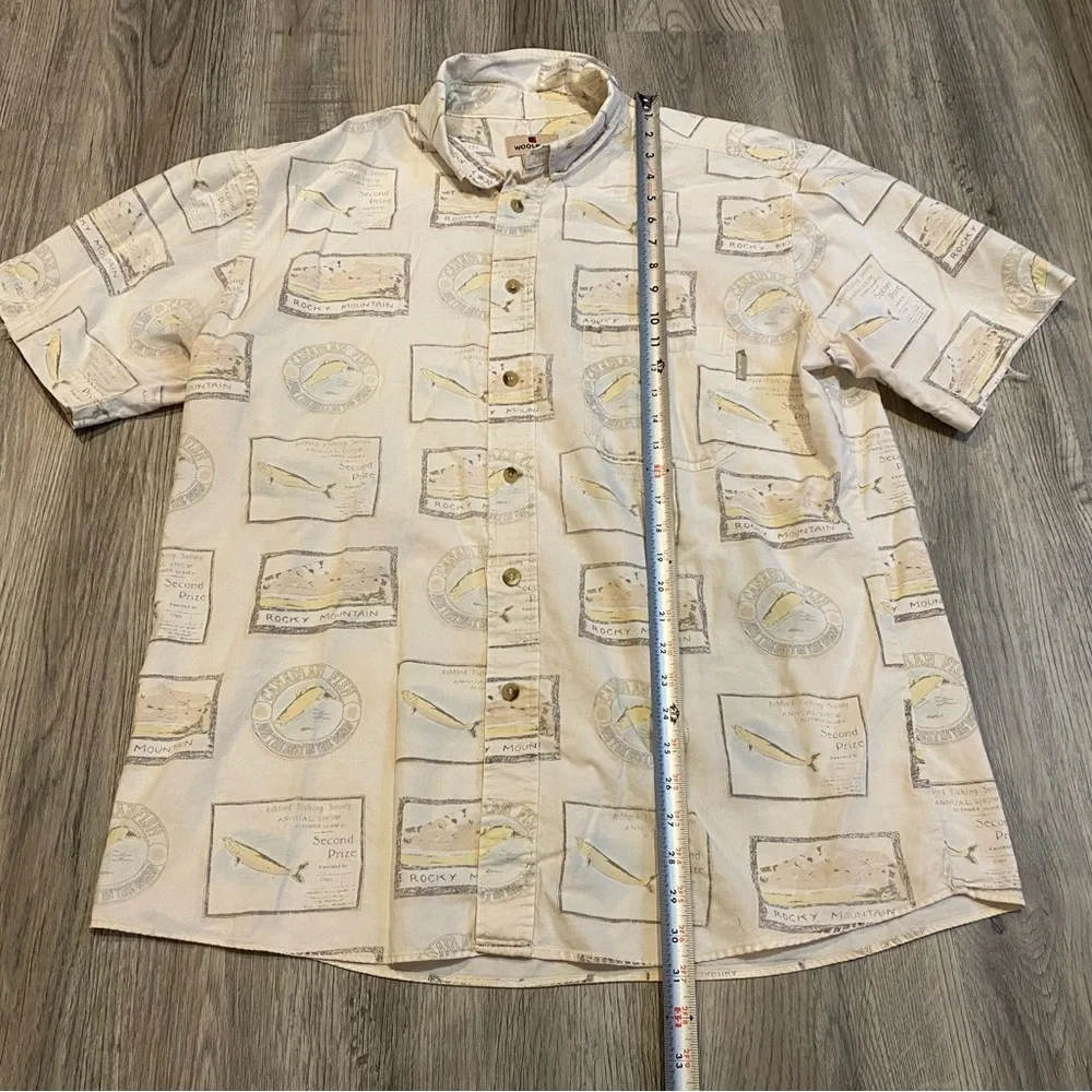 WOOLRICH Button Shirt Mens Large Cotton Short Sleeve All Over Print AOP Fishing - Picture 3 of 5
